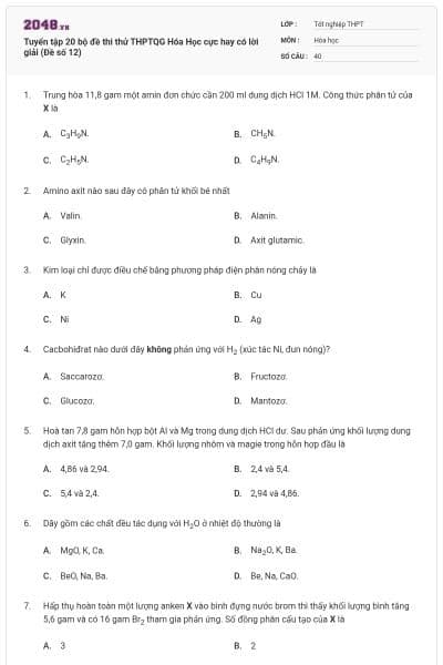 Tuyển tập 20 bộ đề thi thử THPTQG Hóa Học cực hay có lời giải (Đề số 12)