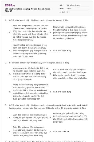700 câu trắc nghiệm tổng hợp An toàn điện có đáp án - Phần 15