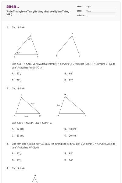 7 câu Trắc nghiệm Tam giác bằng nhau có đáp án (Thông hiểu)