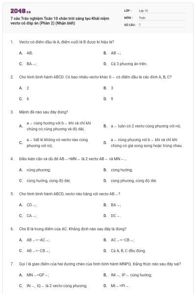 7 câu Trắc nghiệm Toán 10 chân trời sáng tạo Khái niệm vectơ có đáp án (Phần 2) (Nhận biết)