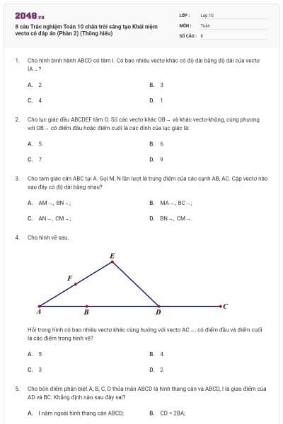 8 câu Trắc nghiệm Toán 10 chân trời sáng tạo Khái niệm vectơ có đáp án (Phần 2) (Thông hiểu)