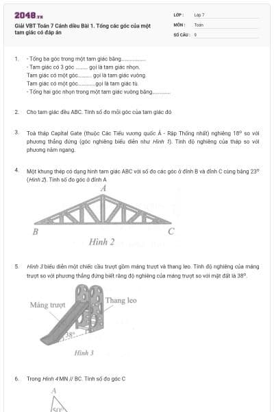 Giải VBT Toán 7 Cánh diều Bài 1. Tổng các góc của một tam giác có đáp án