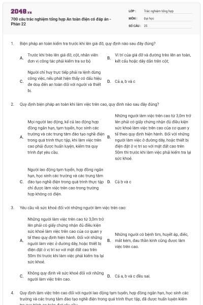 700 câu trắc nghiệm tổng hợp An toàn điện có đáp án - Phần 22
