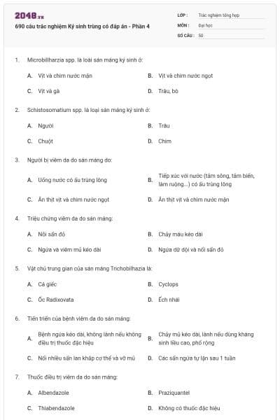 690 câu trắc nghiệm Ký sinh trùng có đáp án - Phần 4