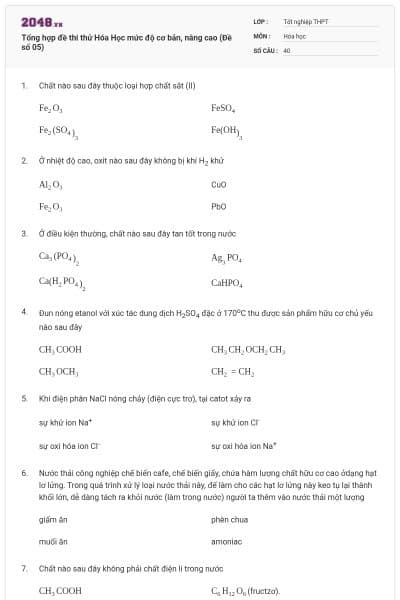 Tổng hợp đề thi thử Hóa Học mức độ cơ bản, nâng cao (Đề số 05)