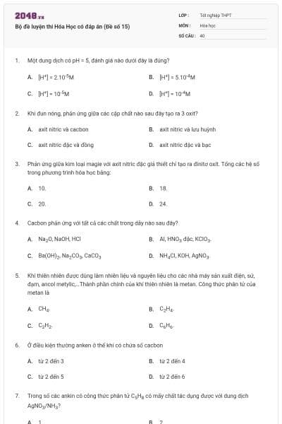 Bộ đề luyện thi Hóa Học có đáp án (Đề số 15)