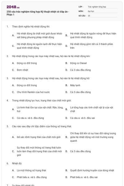250 câu trắc nghiệm tổng hợp Kỹ thuật nhiệt có đáp án - Phần 1