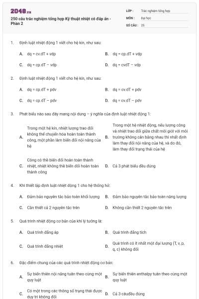 250 câu trắc nghiệm tổng hợp Kỹ thuật nhiệt có đáp án - Phần 2