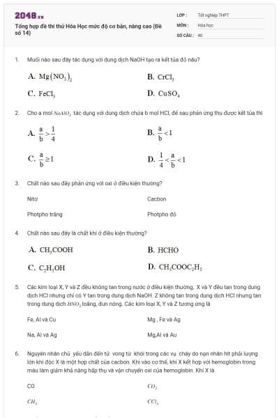 Tổng hợp đề thi thử Hóa Học mức độ cơ bản, nâng cao (Đề số 14)