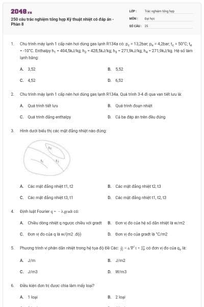 250 câu trắc nghiệm tổng hợp Kỹ thuật nhiệt có đáp án - Phần 8