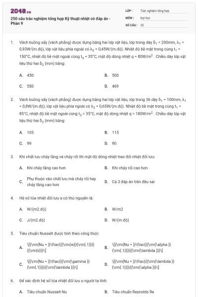 250 câu trắc nghiệm tổng hợp Kỹ thuật nhiệt có đáp án - Phần 9