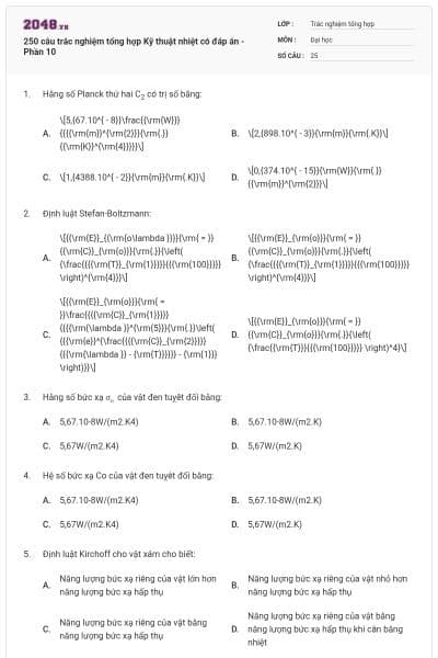 250 câu trắc nghiệm tổng hợp Kỹ thuật nhiệt có đáp án - Phần 10
