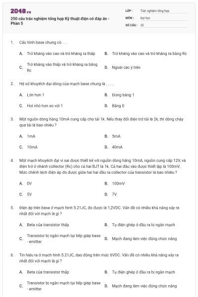 250 câu trắc nghiệm tổng hợp Kỹ thuật điện có đáp án - Phần 5