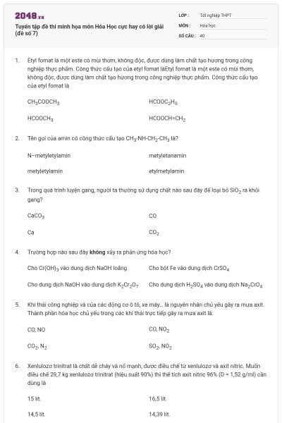 Tuyển tập đề thi minh họa môn Hóa Học cực hay có lời giải (đề số 7)