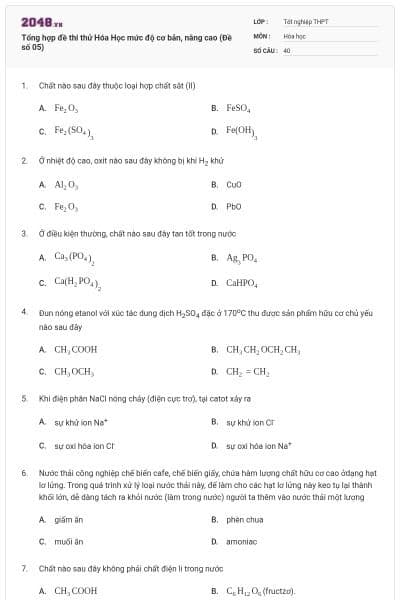 Tổng hợp đề thi thử Hóa Học mức độ cơ bản, nâng cao (Đề số 05)