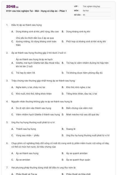 810+ câu trắc nghiệm Tai - Mũi - Họng có đáp án - Phần 1