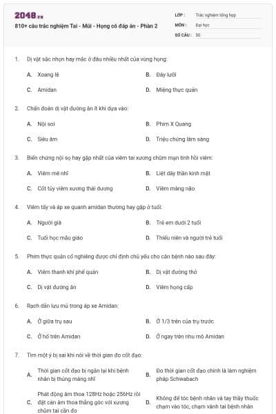 810+ câu trắc nghiệm Tai - Mũi - Họng có đáp án - Phần 2