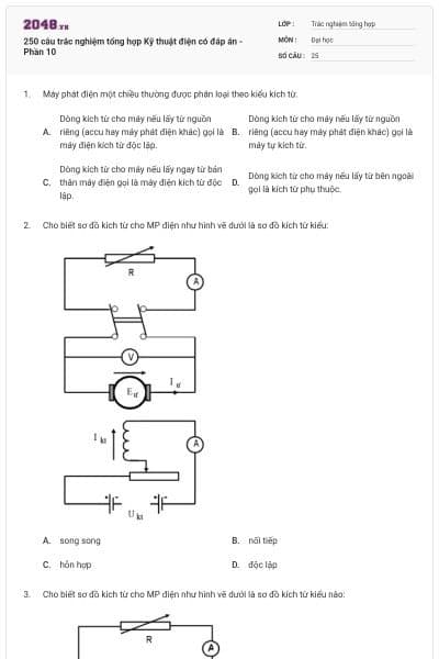 250 câu trắc nghiệm tổng hợp Kỹ thuật điện có đáp án - Phần 10
