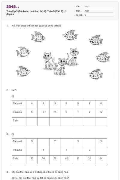 Toán lớp 3 (Dành cho buổi học thứ 2): Tuần 5 (Tiết 1) có đáp án