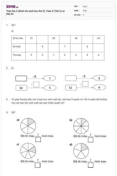 Toán lớp 3 (Dành cho buổi học thứ 2): Tuần 5 (Tiết 2) có đáp án