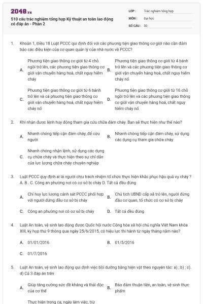 510 câu trắc nghiệm tổng hợp Kỹ thuật an toàn lao động có đáp án - Phần 2