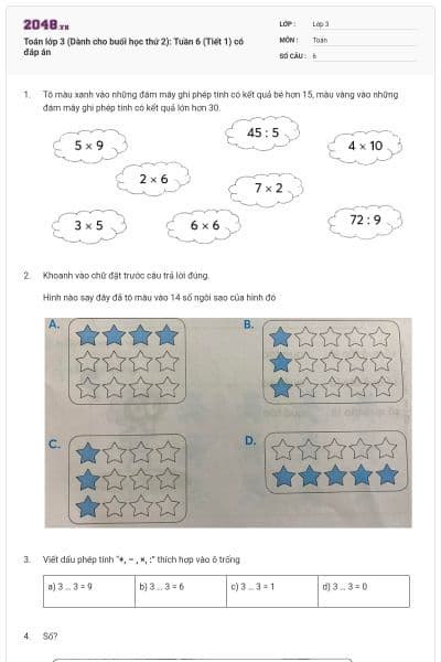 Toán lớp 3 (Dành cho buổi học thứ 2): Tuần 6 (Tiết 1) có đáp án