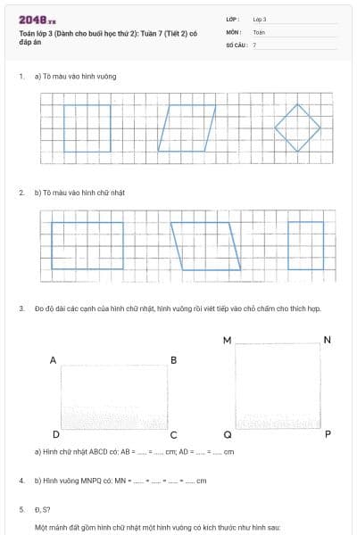 Toán lớp 3 (Dành cho buổi học thứ 2): Tuần 7 (Tiết 2) có đáp án