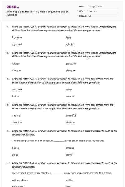 Tổng hợp đề thi thử THPTQG môn Tiếng Anh có đáp án (Đề số 1)