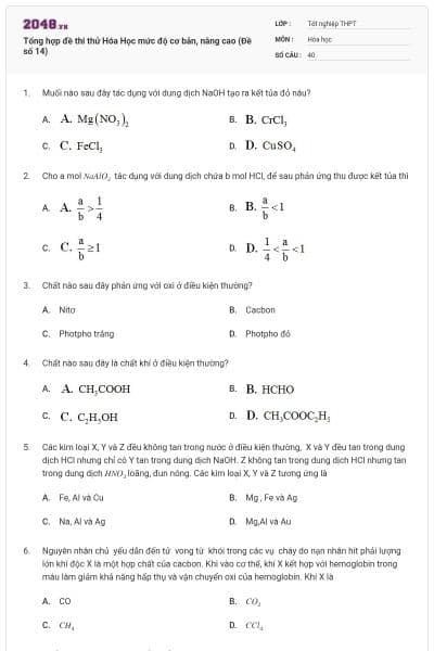 Tổng hợp đề thi thử Hóa Học mức độ cơ bản, nâng cao (Đề số 14)