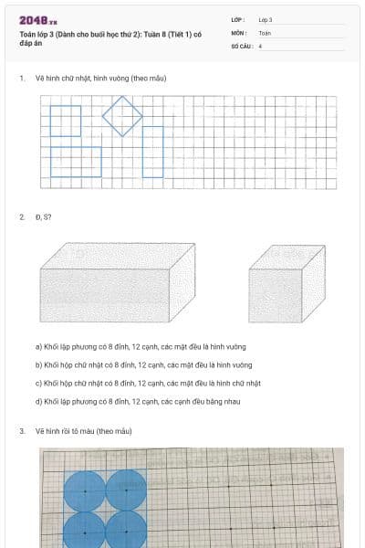 Toán lớp 3 (Dành cho buổi học thứ 2): Tuần 8 (Tiết 1) có đáp án