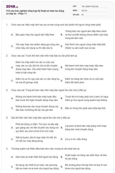 510 câu trắc nghiệm tổng hợp Kỹ thuật an toàn lao động có đáp án - Phần 11