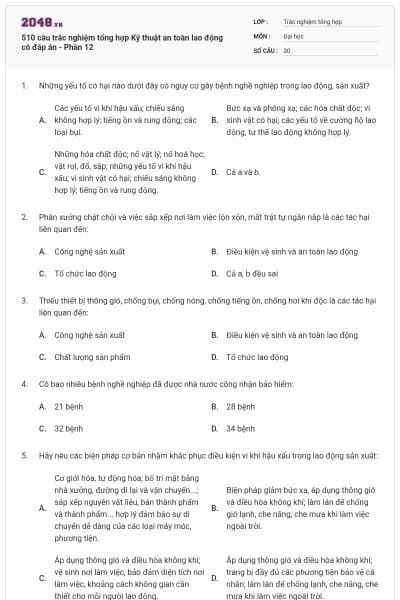 510 câu trắc nghiệm tổng hợp Kỹ thuật an toàn lao động có đáp án - Phần 12