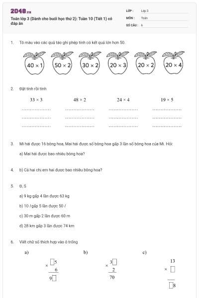 Toán lớp 3 (Dành cho buổi học thứ 2): Tuần 10 (Tiết 1) có đáp án