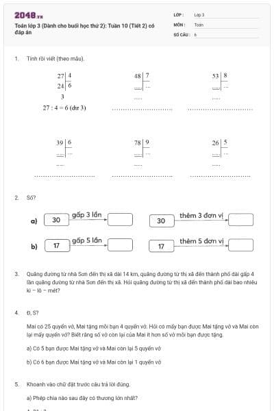 Toán lớp 3 (Dành cho buổi học thứ 2): Tuần 10 (Tiết 2) có đáp án