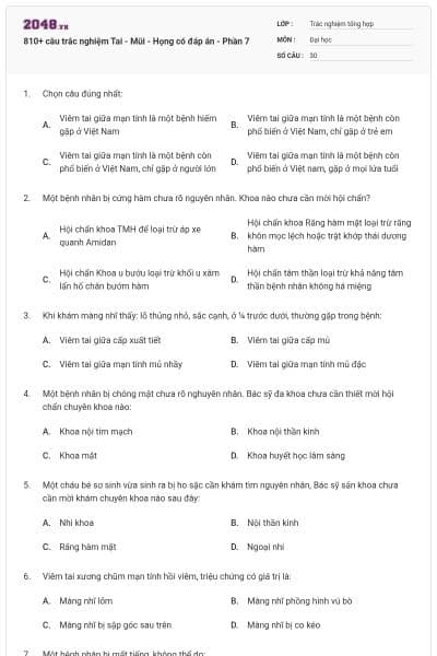 810+ câu trắc nghiệm Tai - Mũi - Họng có đáp án - Phần 7
