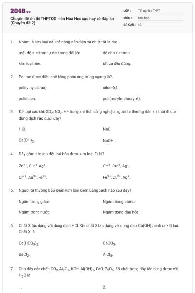 Chuyên đề ôn thi THPTQG môn Hóa Học cực hay có đáp án (Chuyên đề 2)