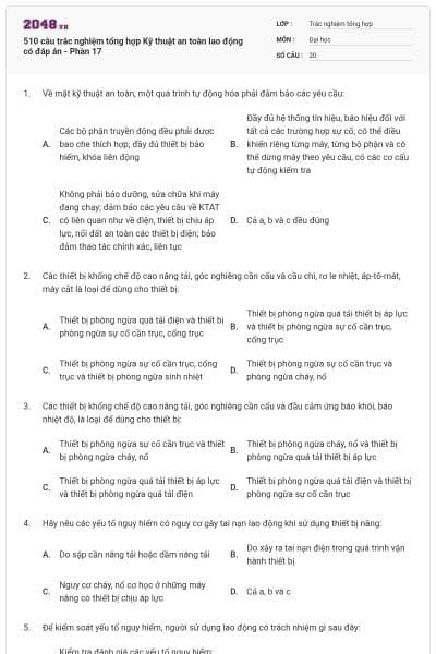 510 câu trắc nghiệm tổng hợp Kỹ thuật an toàn lao động có đáp án - Phần 17