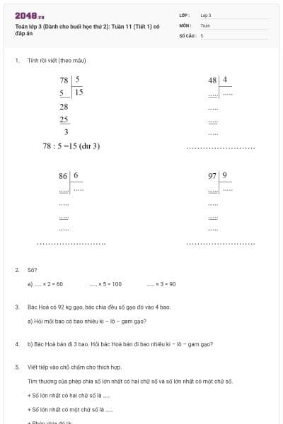 Toán lớp 3 (Dành cho buổi học thứ 2): Tuần 11 (Tiết 1) có đáp án