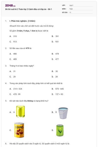 Đề thi cuối kì 2 Toán lớp 2 Cánh diều có đáp án - Đề 1