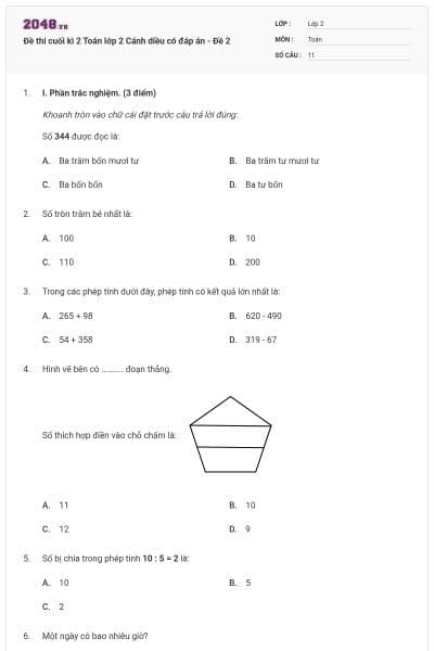Đề thi cuối kì 2 Toán lớp 2 Cánh diều có đáp án - Đề 2