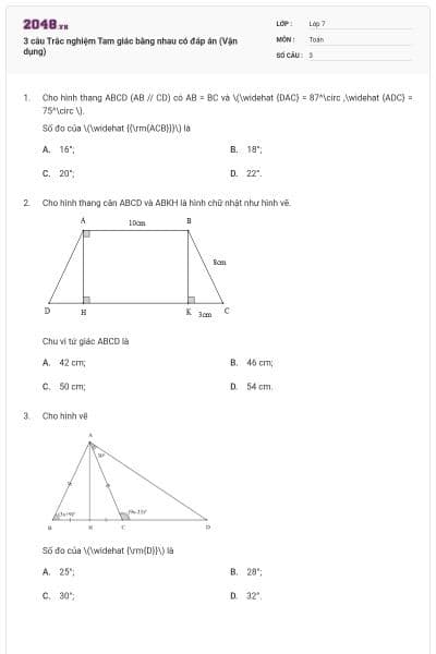 3 câu Trắc nghiệm Tam giác bằng nhau có đáp án (Vận dụng)