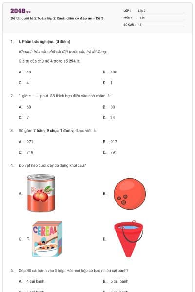 Đề thi cuối kì 2 Toán lớp 2 Cánh diều có đáp án - Đề 3