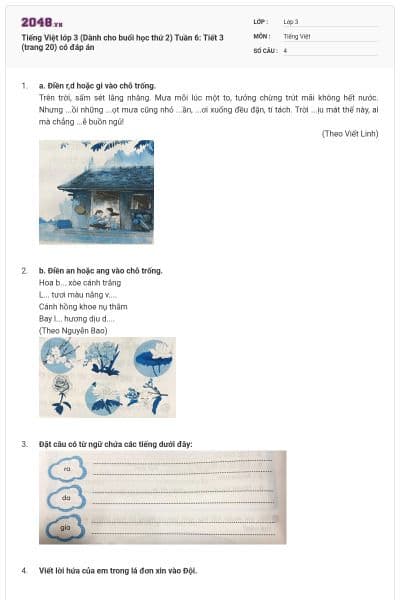 Tiếng Việt lớp 3 (Dành cho buổi học thứ 2) Tuần 6: Tiết 3 (trang 20) có đáp án