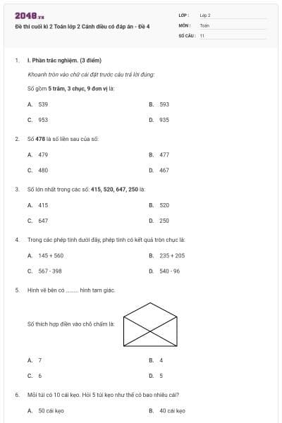 Đề thi cuối kì 2 Toán lớp 2 Cánh diều có đáp án - Đề 4
