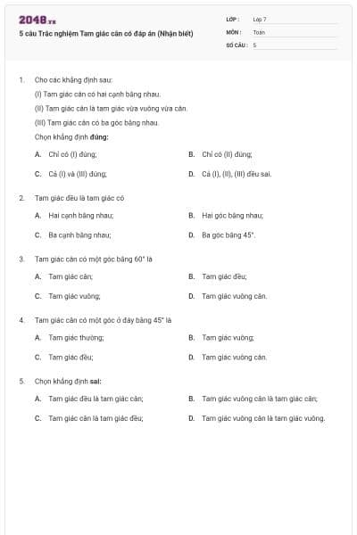 5 câu Trắc nghiệm Tam giác cân có đáp án (Nhận biết)