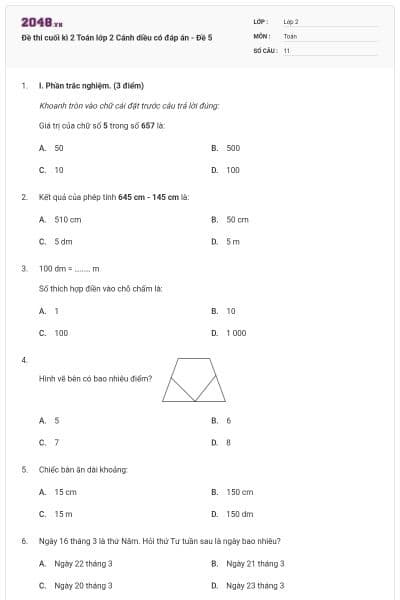 Đề thi cuối kì 2 Toán lớp 2 Cánh diều có đáp án - Đề 5