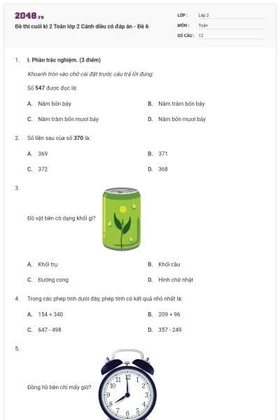 Đề thi cuối kì 2 Toán lớp 2 Cánh diều có đáp án - Đề 6