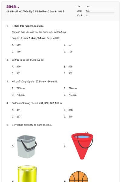Đề thi cuối kì 2 Toán lớp 2 Cánh diều có đáp án - Đề 7