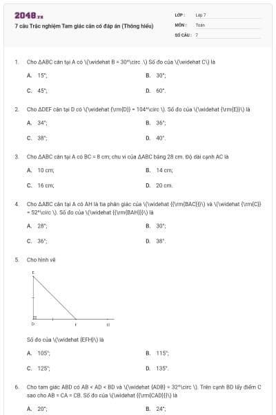 7 câu Trắc nghiệm Tam giác cân có đáp án (Thông hiểu)