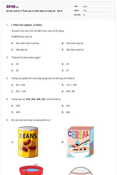 Đề thi cuối kì 2 Toán lớp 2 Cánh diều có đáp án - Đề 8